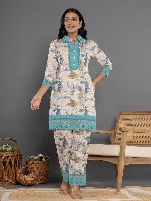Yufta Turquoise Blue Cotton Schiffli Co-Ord Set With Lace