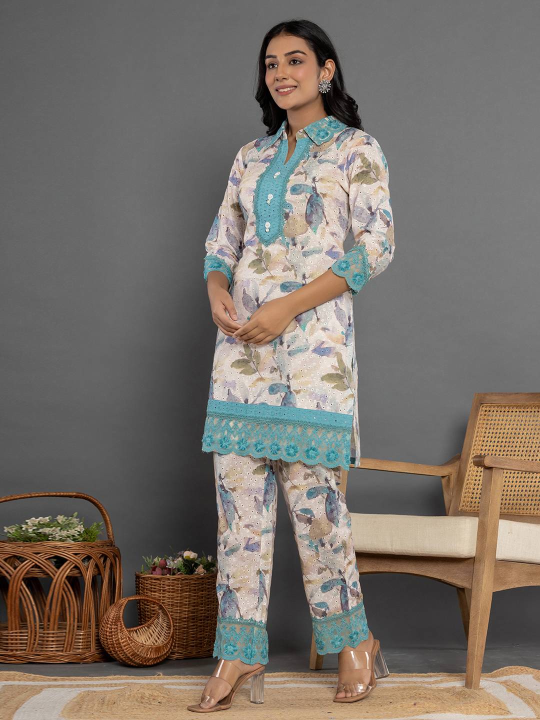 Yufta Turquoise Blue Cotton Schiffli Co-Ord Set With Lace - Distacart