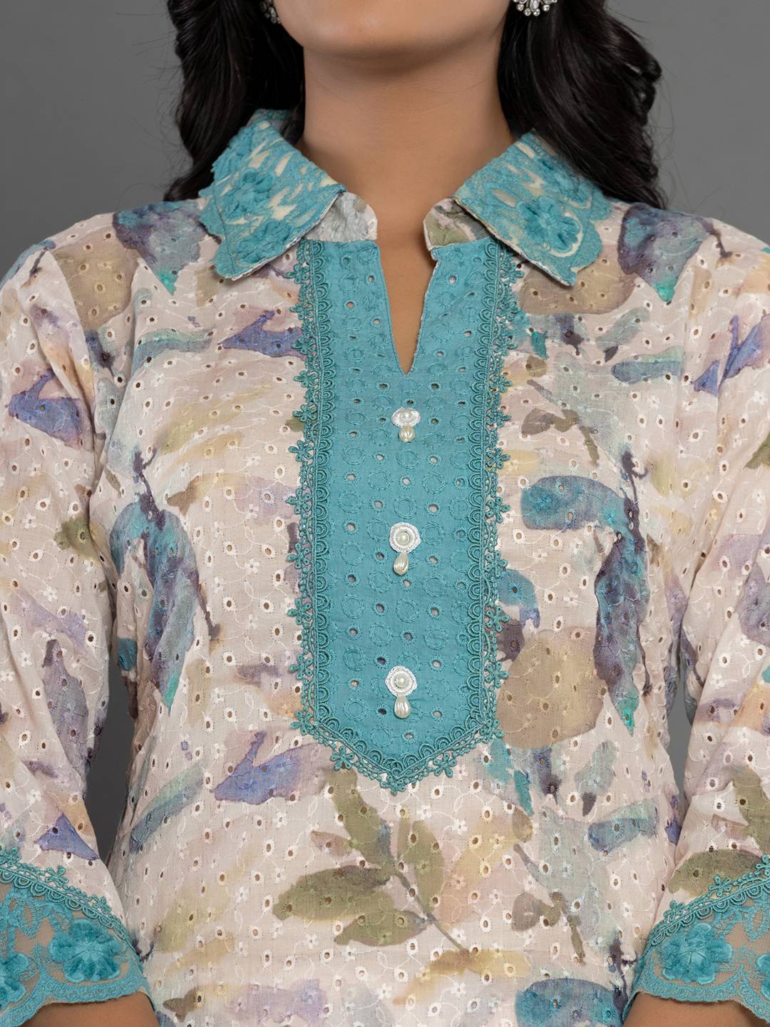 Yufta Turquoise Blue Cotton Schiffli Co-Ord Set With Lace
