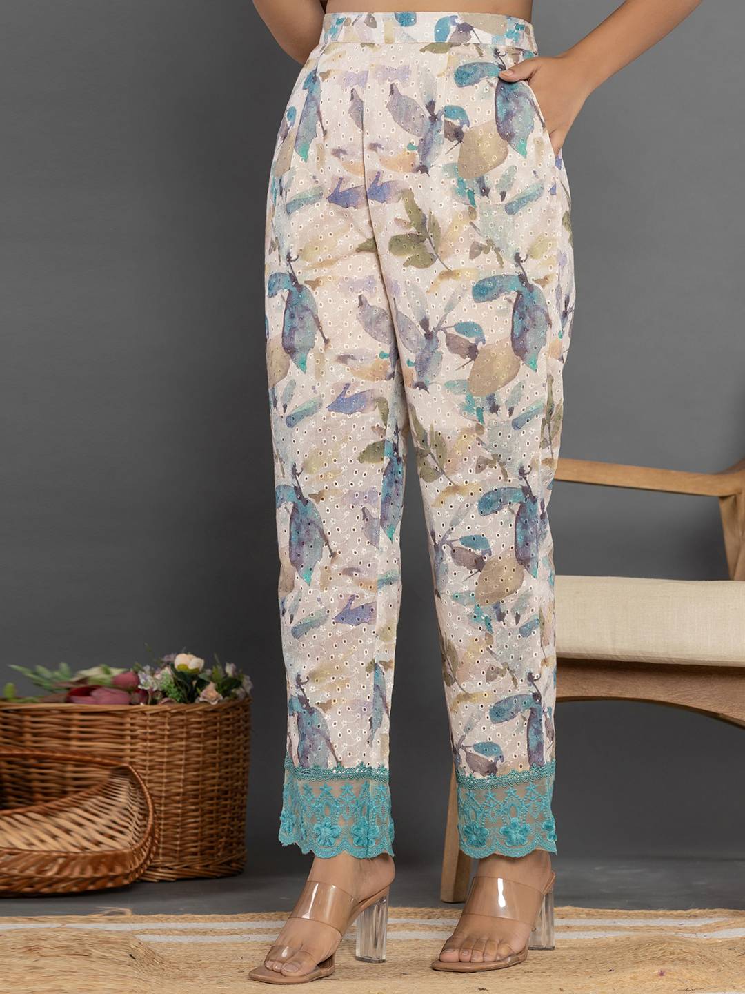 Yufta Turquoise Blue Cotton Schiffli Co-Ord Set With Lace