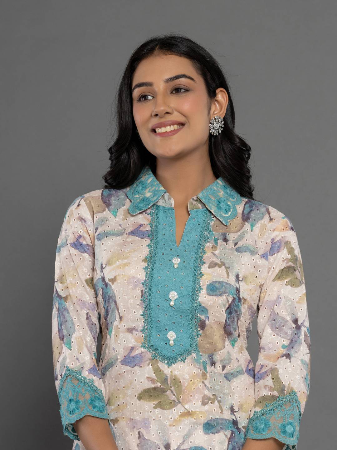 Yufta Turquoise Blue Cotton Schiffli Co-Ord Set With Lace