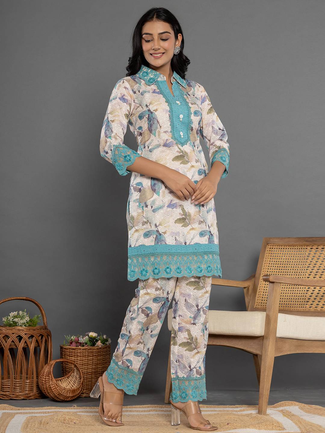 Yufta Turquoise Blue Cotton Schiffli Co-Ord Set With Lace