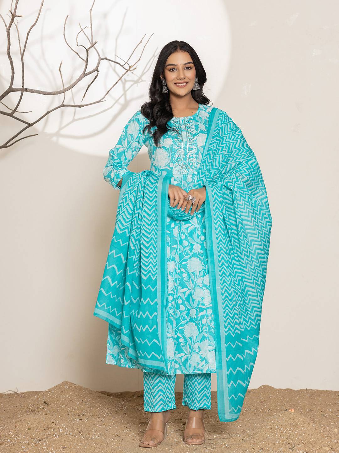 Yufta Turquoise Blue Floral Print Embroidery Cotton Anarkali Suit Set - Distacart