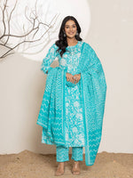 Thumbnail for Yufta Turquoise Blue Floral Print Embroidery Cotton Anarkali Suit Set - Distacart