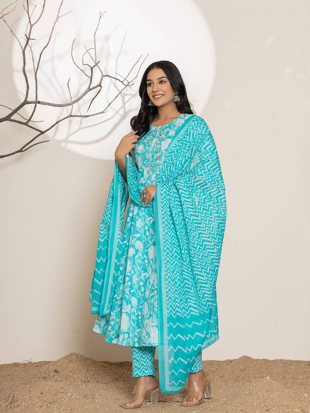 Yufta Turquoise Blue Floral Print Embroidery Cotton Anarkali Suit Set - Distacart