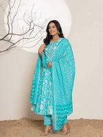 Thumbnail for Yufta Turquoise Blue Floral Print Embroidery Cotton Anarkali Suit Set - Distacart