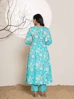 Thumbnail for Yufta Turquoise Blue Floral Print Embroidery Cotton Anarkali Suit Set - Distacart