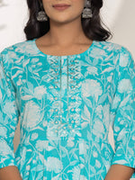 Thumbnail for Yufta Turquoise Blue Floral Print Embroidery Cotton Anarkali Suit Set - Distacart