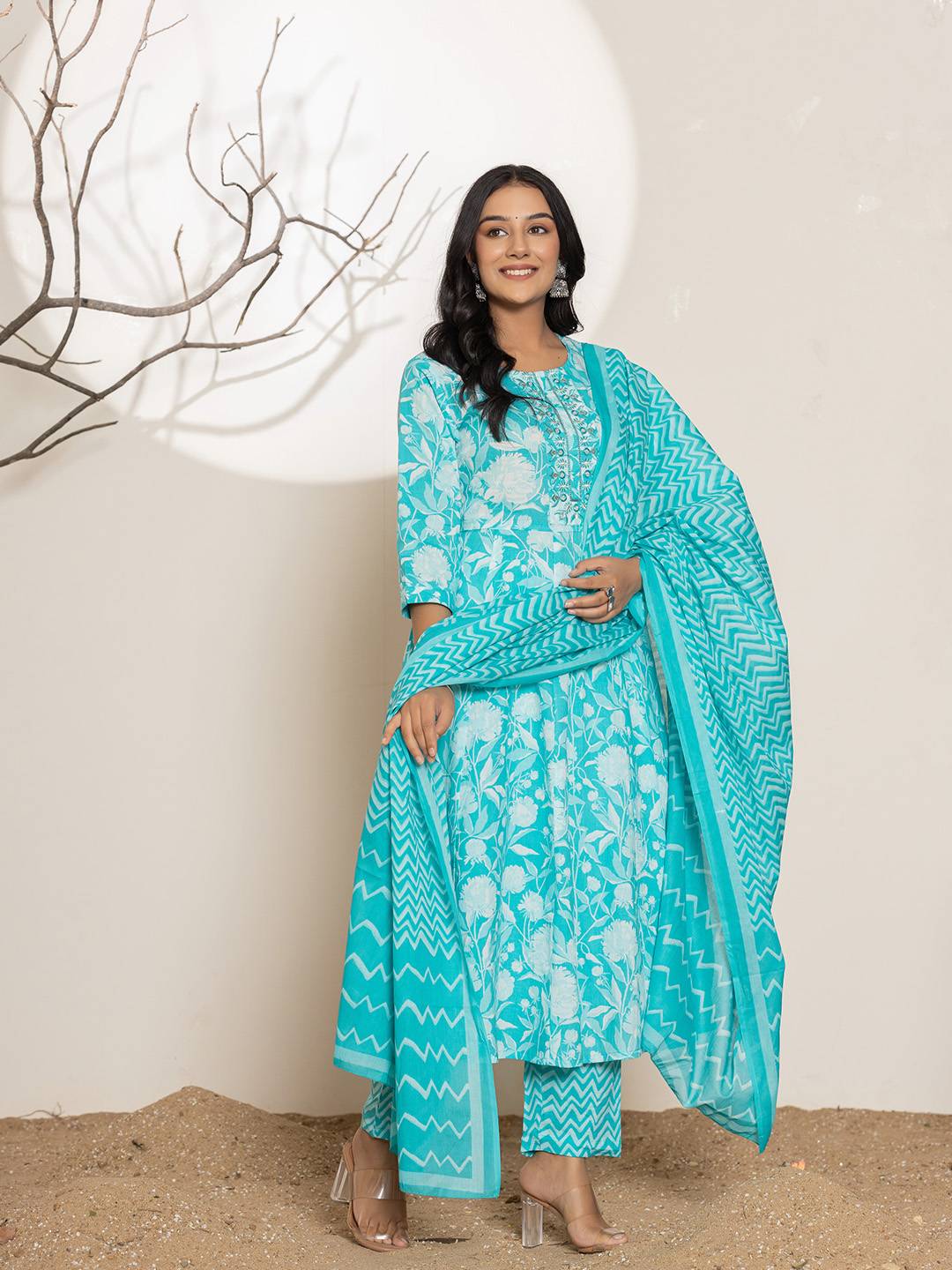Yufta Turquoise Blue Floral Print Embroidery Cotton Anarkali Suit Set - Distacart