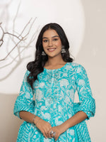 Thumbnail for Yufta Turquoise Blue Floral Print Embroidery Cotton Anarkali Suit Set - Distacart