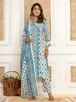 Thumbnail for Yufta Turquoise Blue Printed Pure Cotton Straight Kurta Dupatta Set