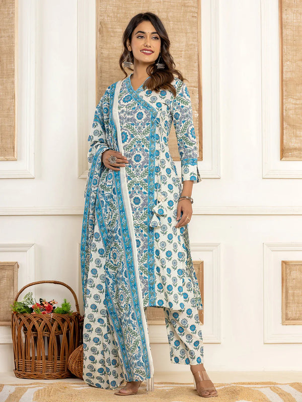 Yufta Turquoise Blue Printed Pure Cotton Straight Kurta Dupatta Set