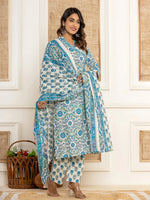 Thumbnail for Yufta Turquoise Blue Printed Pure Cotton Straight Kurta Dupatta Set