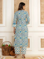 Thumbnail for Yufta Turquoise Blue Printed Pure Cotton Straight Kurta Dupatta Set