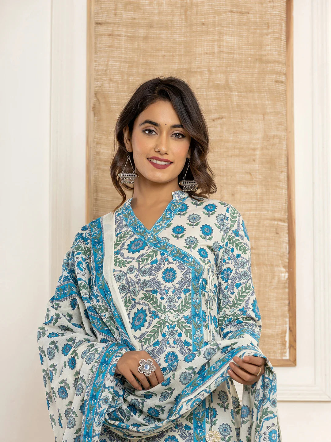 Yufta Turquoise Blue Printed Pure Cotton Straight Kurta Dupatta Set