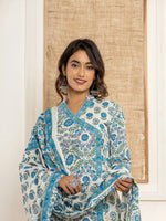 Thumbnail for Yufta Turquoise Blue Printed Pure Cotton Straight Kurta Dupatta Set