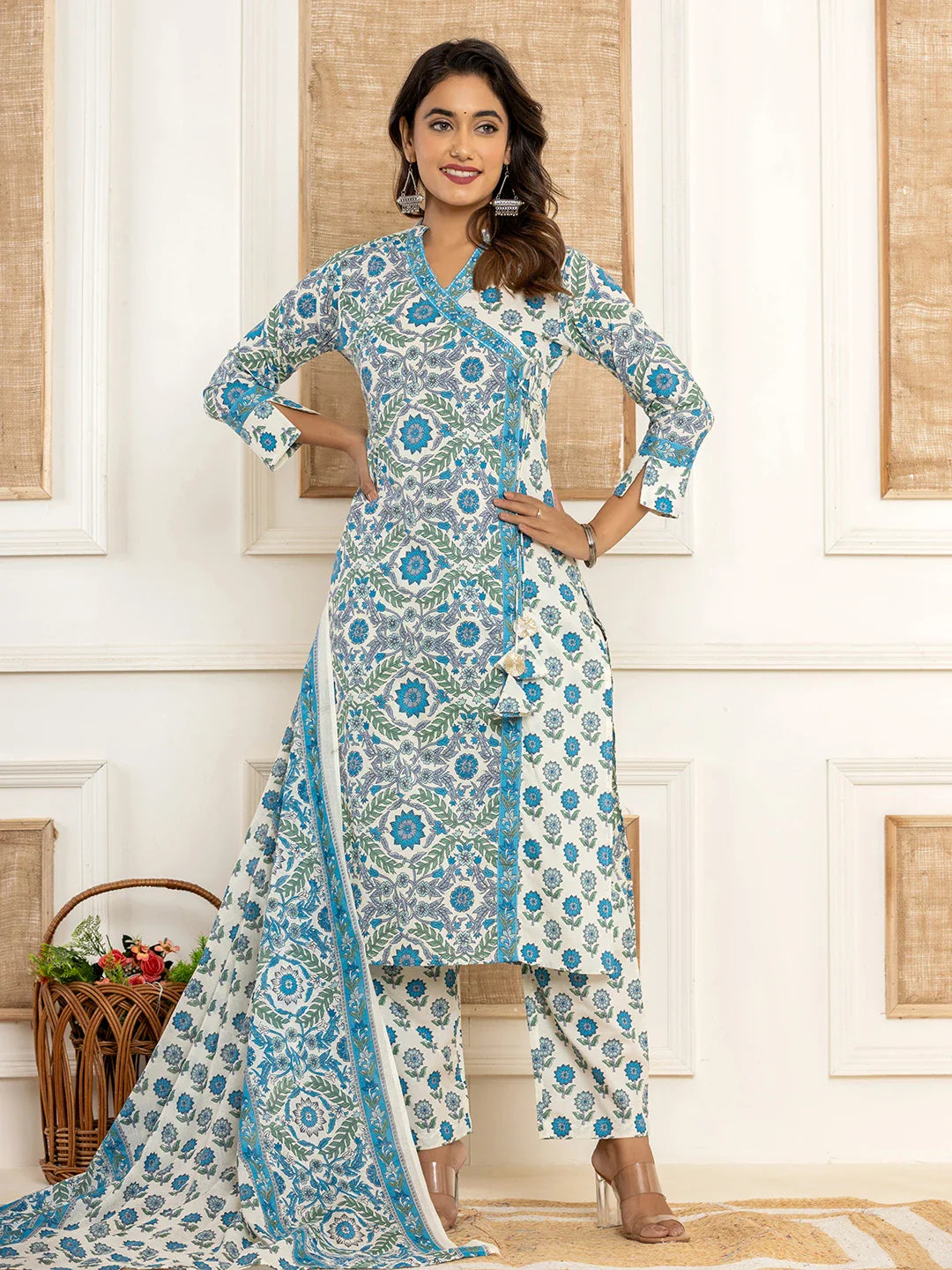 Yufta Turquoise Blue Printed Pure Cotton Straight Kurta Dupatta Set