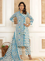 Thumbnail for Yufta Turquoise Blue Printed Pure Cotton Straight Kurta Dupatta Set