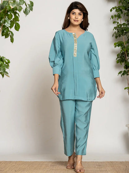 Yufta Turquoise Blue Silk Blend Solid Co-Ord Set - Distacart