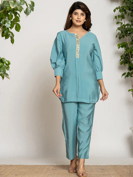 Yufta Turquoise Blue Silk Blend Solid Co-Ord Set