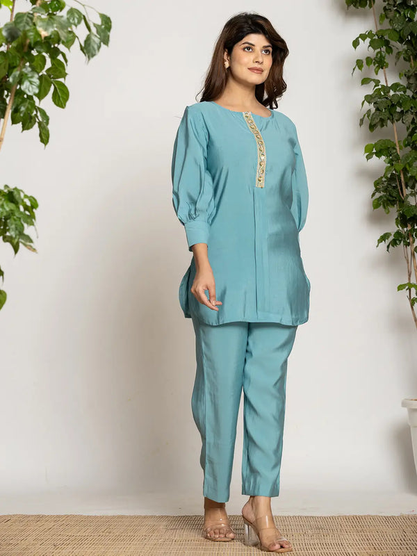 Yufta Turquoise Blue Silk Blend Solid Co-Ord Set