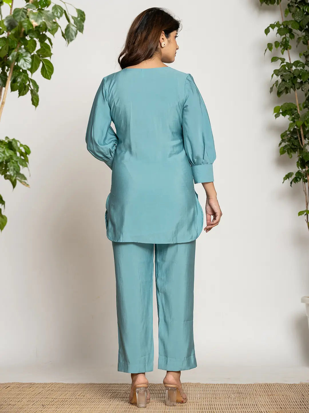 Yufta Turquoise Blue Silk Blend Solid Co-Ord Set - Distacart