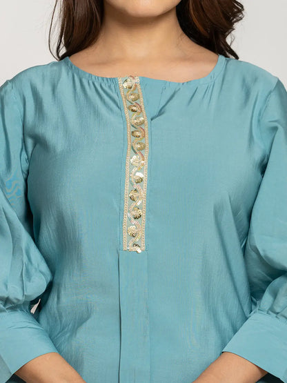 Yufta Turquoise Blue Silk Blend Solid Co-Ord Set - Distacart