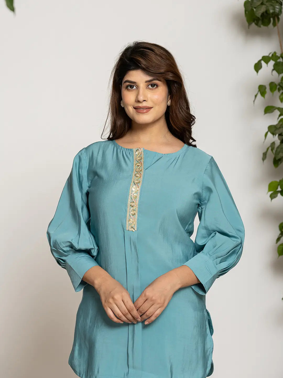 Yufta Turquoise Blue Silk Blend Solid Co-Ord Set - Distacart