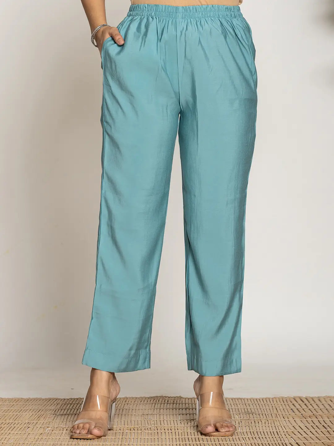 Yufta Turquoise Blue Silk Blend Solid Co-Ord Set - Distacart