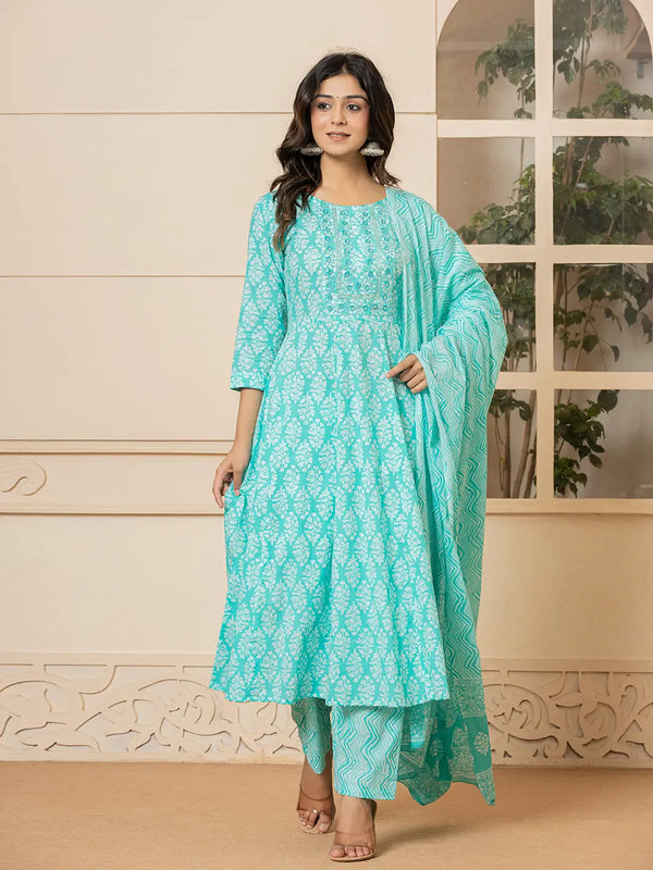 Yufta Turquoise Embroidered Pure Cotton Anarkali Kurta Trouser With Dupatta Set
