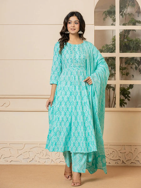 Yufta Turquoise Embroidered Pure Cotton Anarkali Kurta Trouser With Dupatta Set