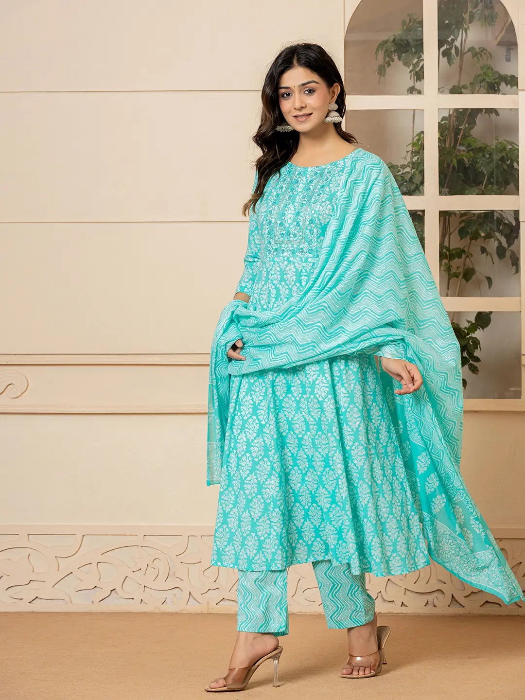 Yufta Turquoise Embroidered Pure Cotton Anarkali Kurta Trouser With Dupatta Set - Distacart