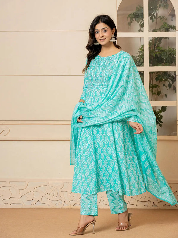 Yufta Turquoise Embroidered Pure Cotton Anarkali Kurta Trouser With Dupatta Set
