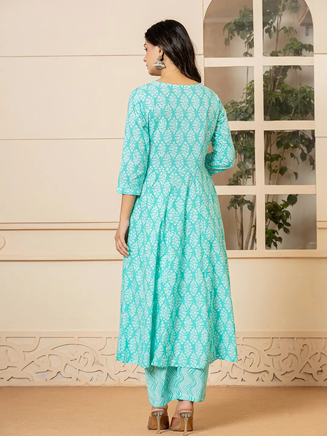 Yufta Turquoise Embroidered Pure Cotton Anarkali Kurta Trouser With Dupatta Set