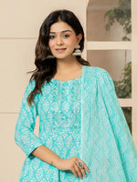 Thumbnail for Yufta Turquoise Embroidered Pure Cotton Anarkali Kurta Trouser With Dupatta Set