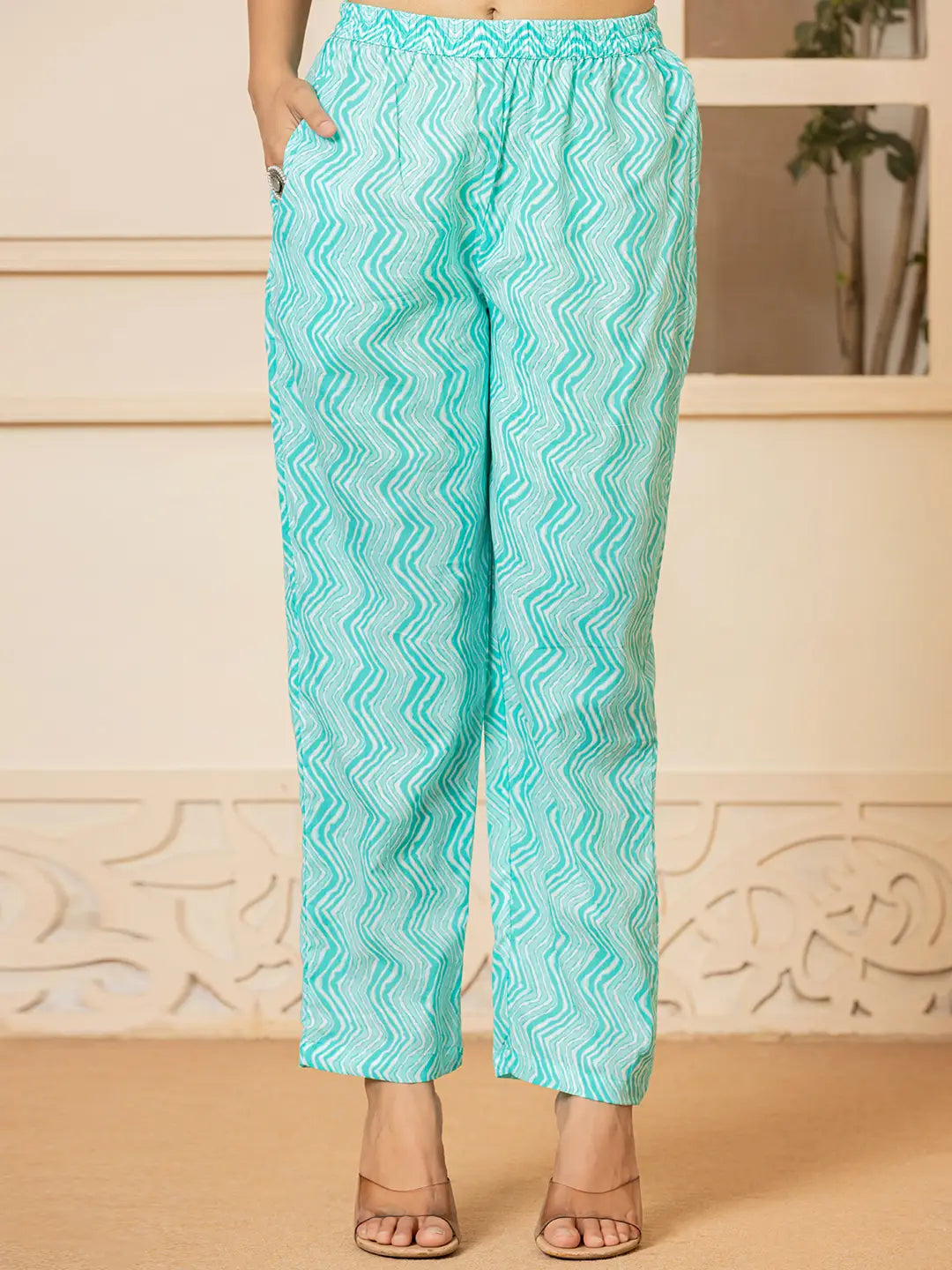 Yufta Turquoise Embroidered Pure Cotton Anarkali Kurta Trouser With Dupatta Set
