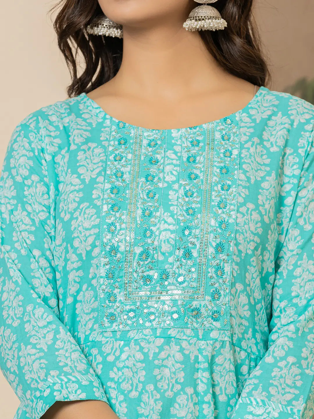 Yufta Turquoise Embroidered Pure Cotton Anarkali Kurta Trouser With Dupatta Set