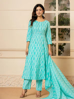 Thumbnail for Yufta Turquoise Embroidered Pure Cotton Anarkali Kurta Trouser With Dupatta Set