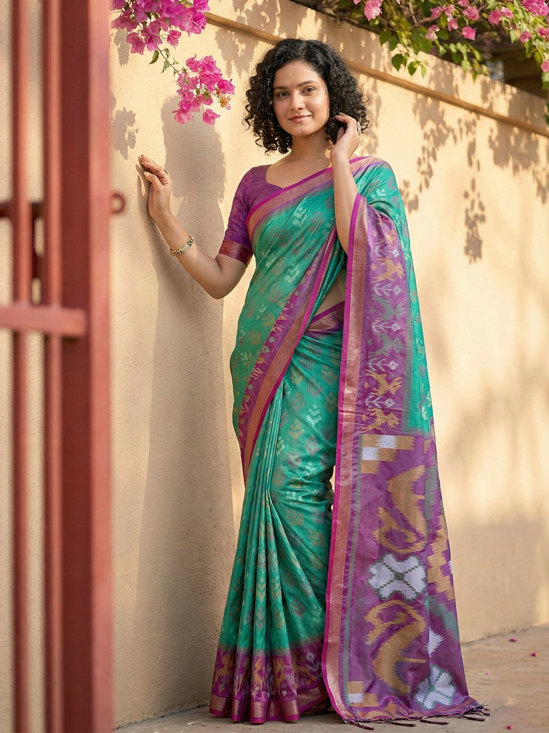 Anaita Turquoise Pochampally Printed Saree With Blouse - Distacart