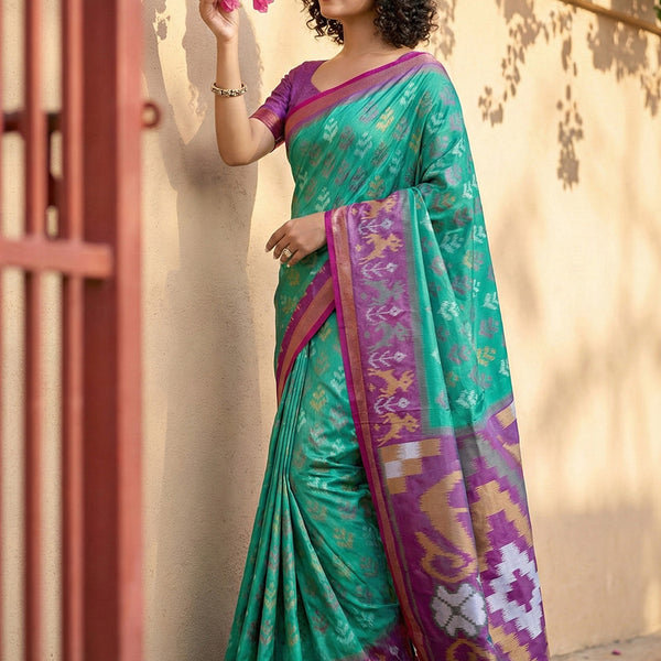 Anaita Turquoise Pochampally Printed Saree With Blouse - Distacart