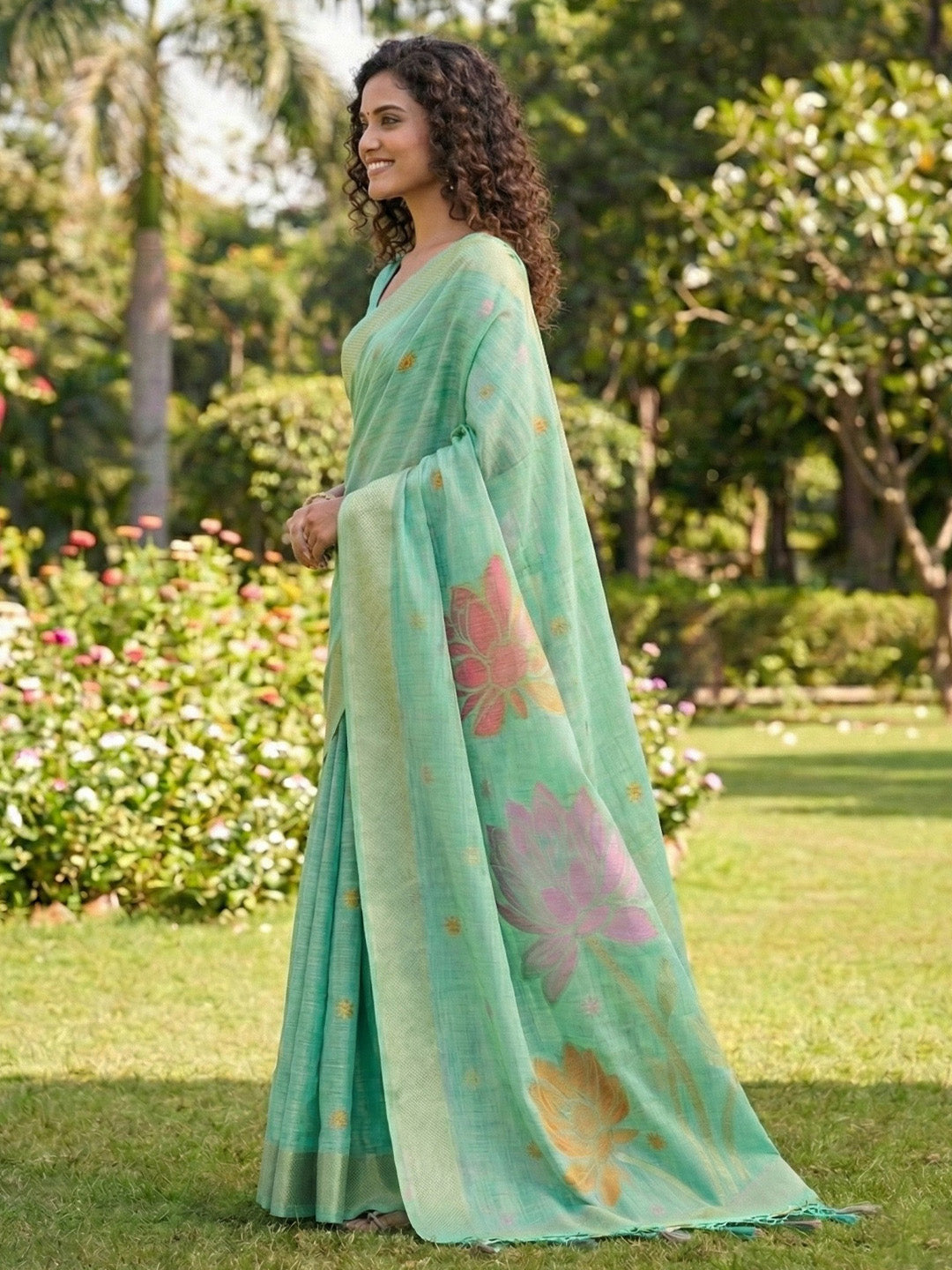 Anaita Turquoise Linen Saree With Blouse Piece - Distacart