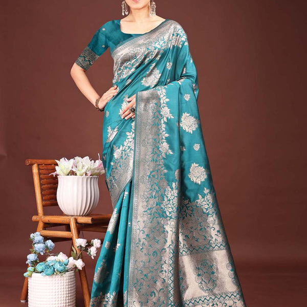 Anaita Turquoise Banarasi Silk Woven Work Saree With Blouse - Distacart
