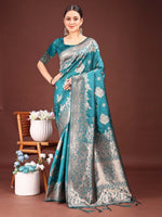 Thumbnail for Anaita Turquoise Banarasi Silk Woven Work Saree With Blouse - Distacart