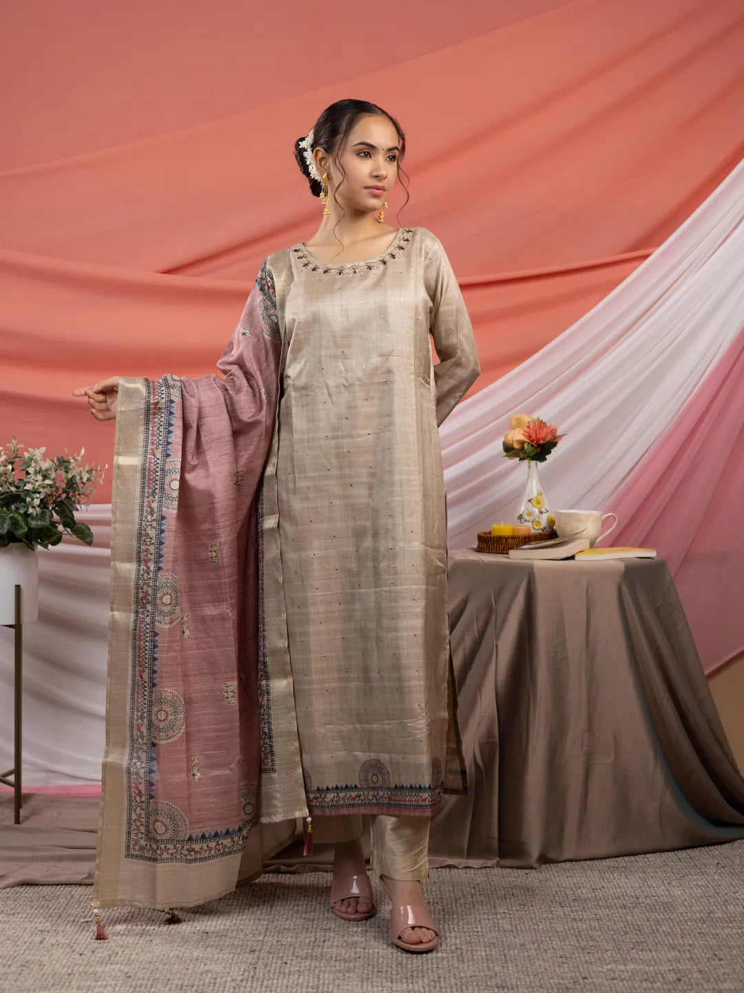 Yufta Tussar Silk Beige Kurta Dupatta Set - Distacart