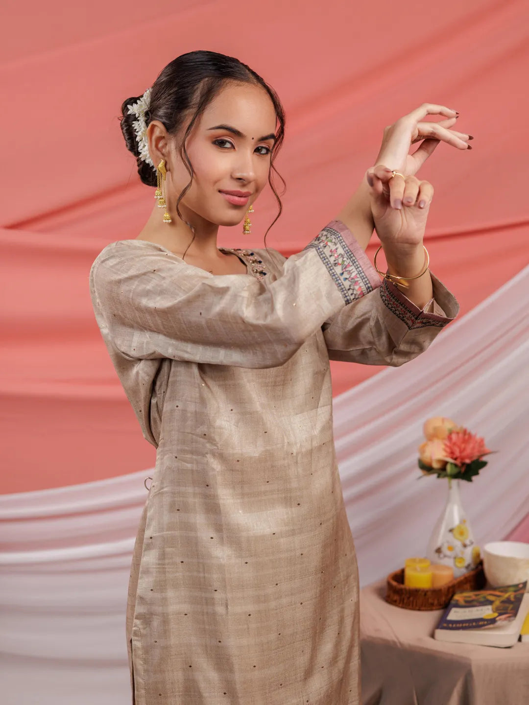 Yufta Tussar Silk Beige Kurta Dupatta Set - Distacart