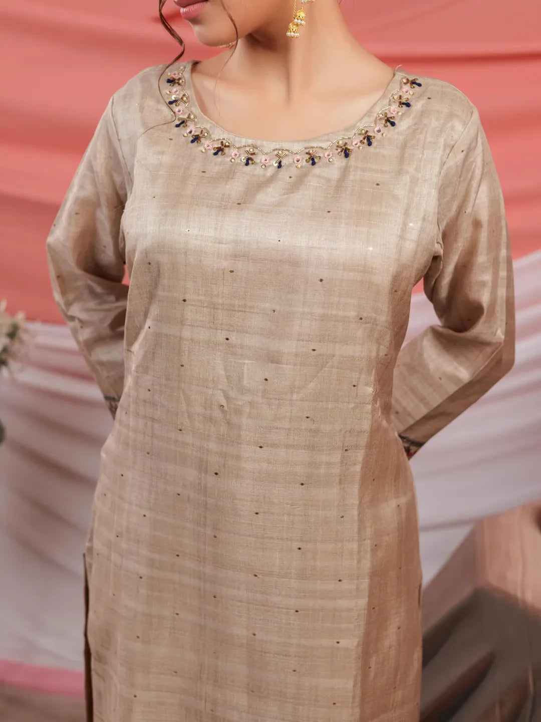 Yufta Tussar Silk Beige Kurta Dupatta Set