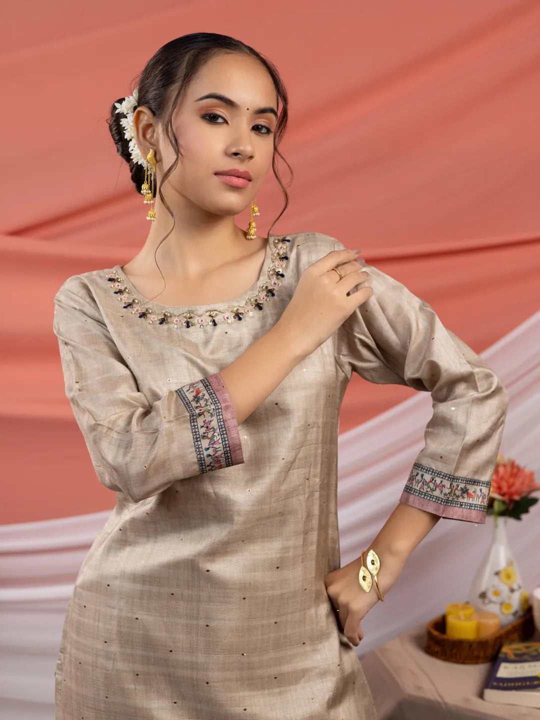 Yufta Tussar Silk Beige Kurta Dupatta Set