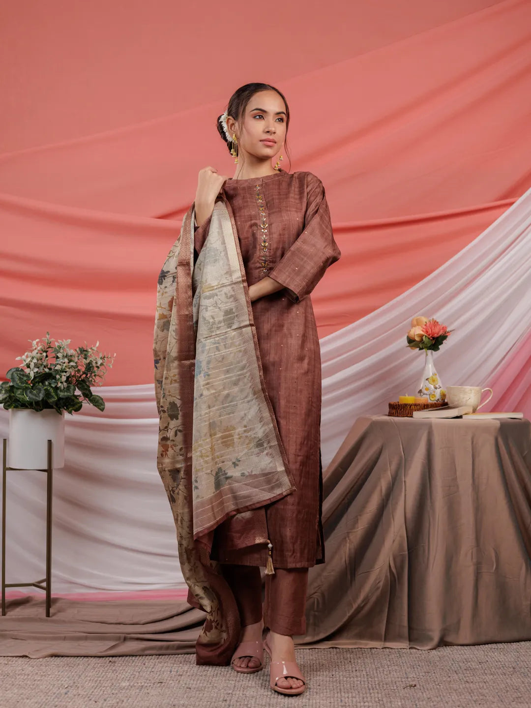 Yufta Tussar Silk Rust Kurta Dupatta Set - Distacart