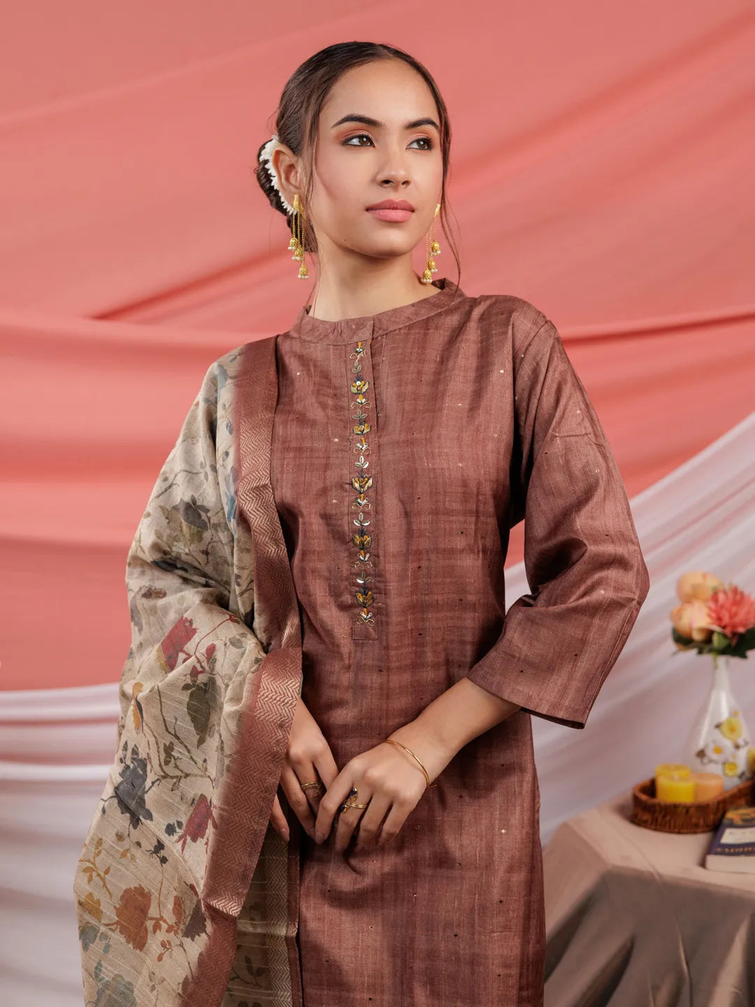 Yufta Tussar Silk Rust Kurta Dupatta Set - Distacart