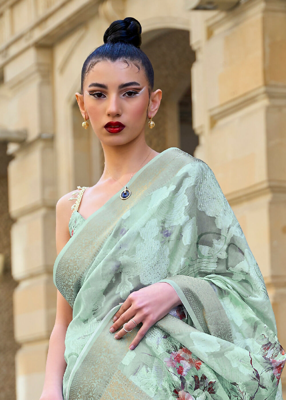 Lovely Teal Blue Polly Brasso Designer Saree - Emponline - Distacart